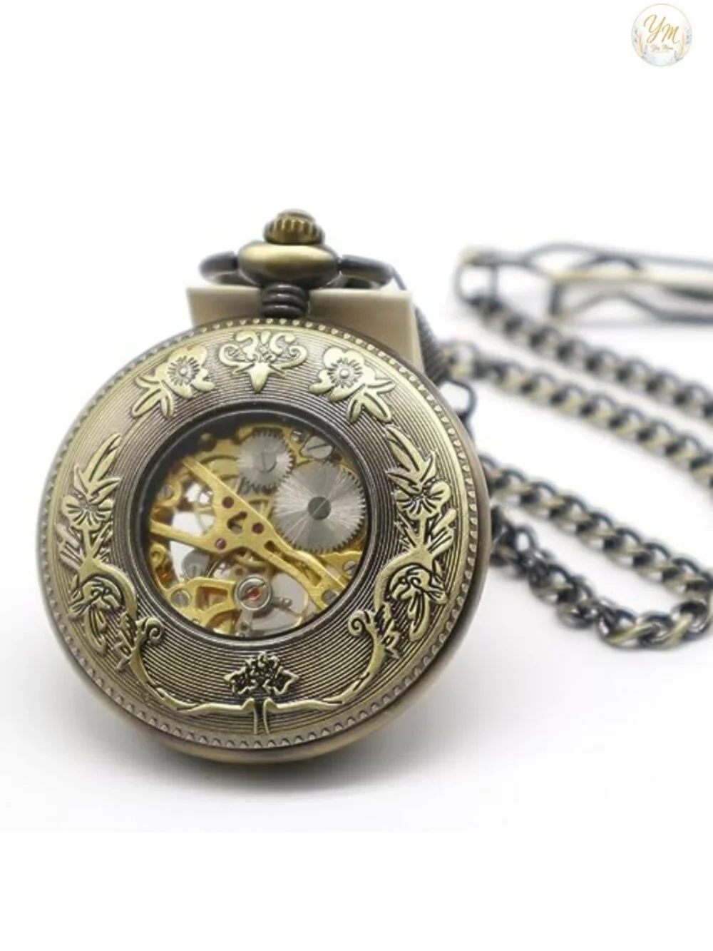 Vintage Steampunk Hand-Wind Mechanical Pocket Watch with Chain and Box